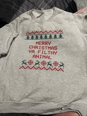 Jerzees Gray Holiday Sweatshirt with Red and Green Knit-Style Print